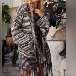 UNIQ Womens Cardigan Boho Western Fringe Open Front Oversized Knit Sweater Small
